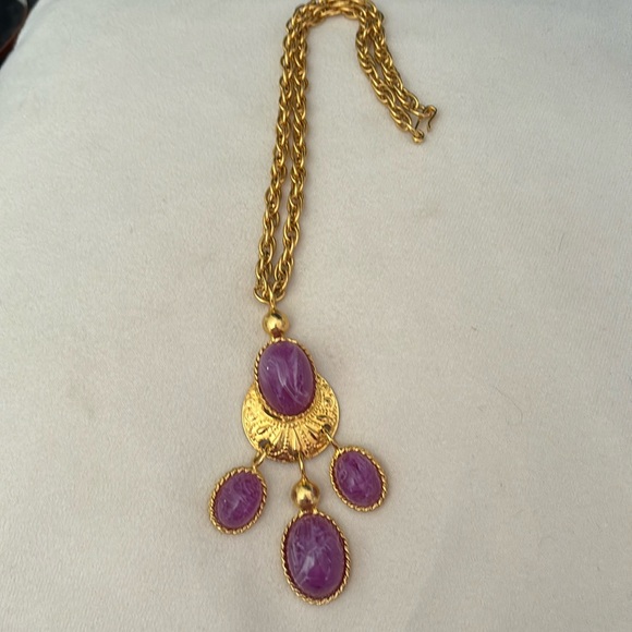 Genuine Les Bernard Goldtone Necklace with amethyst cabochons - Picture 1 of 9